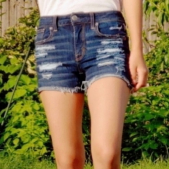 AMERICAN Eagle Curvy Hi Rise Shortie Stretch Distressed Shorts Women's Size 4 - Picture 1 of 16